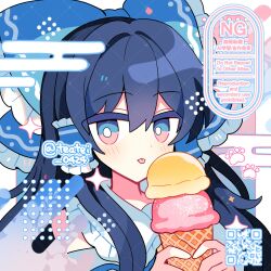 Rule 34 | 1girl, alternate color, bare shoulders, blue bow, blue eyes, blue hair, blue shirt, blush, bow, closed mouth, collared shirt, commentary, food, frilled bow, frilled hair tubes, frilled shirt collar, frills, hair bow, hair tubes, hakurei reimu, highres, holding, holding food, holding ice cream, ice cream, long hair, looking at viewer, multicolored eyes, portrait, qr code, red eyes, shirocha tei, shirt, sidelocks, solo, sparkle, symbol-only commentary, tongue, tongue out, touhou, twitter username, watermark