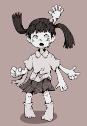 1girl 6_9 chomahu drooling extra_arms full_body long_hair melting_eyes monoko open_mouth pleated_skirt short_hair short_sleeves simple_background skirt socks solo twintails veins veiny_arms yume_nikki