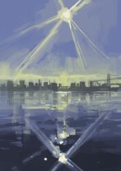 blue_sky bridge building day highres lens_flare no_humans original painting_(medium) reflection reflective_water scenery shadow shore sky slow_d sun sunlight traditional_media water
