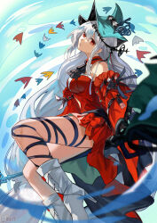 Rule 34 | 1girl, angelfish, aqua gloves, aqua hat, arknights, artist name, ascot, ass, bare shoulders, black ascot, black ribbon, boots, bow, breasts, clothing cutout, detached sleeves, dress, fish, floating, from below, full body, gloves, hair between eyes, hair ornament, hair ribbon, hat, hibipp, high heel boots, high heels, highres, leg ribbon, long hair, long sleeves, looking at viewer, low-tied long hair, medium breasts, navel cutout, off-shoulder dress, off shoulder, official alternate costume, parted lips, red dress, red eyes, red sleeves, ribbon, sitting, skadi (arknights), skadi the corrupting heart (arknights), solo, staff, tropical fish, very long hair, water, white hair