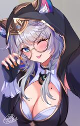 1girl absurdres animal_ear_fluff animal_ears animal_hood artist_name black_gloves black_hood blue_eyes breasts cat_ears cat_girl cat_hood cipher_(honkai:_star_rail) cleavage commentary_request fingerless_gloves glasses gloves grey_hair highres honkai:_star_rail honkai_(series) hood large_breasts looking_at_viewer mole mole_on_breast nail_polish one_eye_closed parika round_eyewear short_hair_with_long_locks simple_background solo tongue tongue_out yellow_nails