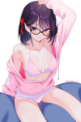 1girl arm_up black_hair blush bra breasts collarbone commentary double_vertical_stripe english_commentary glasses highres jacket kana_yukino long_sleeves looking_at_viewer original panties partially_unzipped pink_jacket pointy_ears purple_bra purple_eyes purple_panties simple_background sitting small_breasts smile thighs underwear white_background