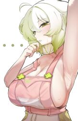 ... 1girl ahoge animal_ears arm_up armpit_crease armpits bare_shoulders breasts ferret ferret_ears ferret_girl food fruit gradient_hair green_eyes green_hair hair_between_eyes highres huge_breasts indie_virtual_youtuber laimu_(vtuber) laimu_(vtuber)_(cozy) large_breasts lime_(fruit) lime_slice looking_at_viewer multicolored_hair no_shirt overalls sae_art simple_background sweat two-tone_hair vinesauce virtual_youtuber white_background white_hair