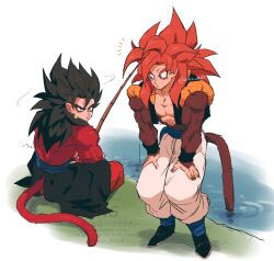 Rule 34 | biceps, black hair, blue eyes, blue sash, body fur, dragon ball, dragon ball gt, dragon ball heroes, earrings, gogeta, highres, jewelry, male focus, metamoran vest, monkey boy, monkey tail, muscular, muscular male, no nipples, pants, pectorals, potara earrings, red fur, red hair, relio db318, sash, simple background, spiked hair, super saiyan, super saiyan 4, tail, vegetto, vegetto (xeno), veins, veiny hands, white pants