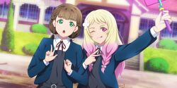 :q absurdres artist_name blonde_hair blue_jacket blunt_bangs bow braid brown_hair bush commentary dress english_commentary flower gradient_hair grass green_eyes grey_dress hair_bow hair_flower hair_ornament half_up_braid highres jacket long_hair long_sleeves looking_at_phone love_live! love_live!_superstar!! low_twintails multicolored_hair neck_ribbon one_eye_closed onitsuka_natsumi open_mouth outdoors phone pink_eyes pink_hair red_ribbon ribbon sakurakoji_kinako satou_yuzuki school school_uniform selfie_stick shirt smile stairs sweatdrop tongue tongue_out twin_braids twintails v white_bow white_shirt window yuigaoka_school_uniform