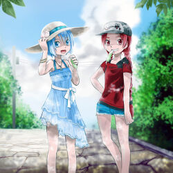 2girls alternate_costume baseball_cap blue_eyes blue_hair bow casual dress food hat long_hair looking_at_viewer mahou_shoujo_madoka_magica miki_sayaka multiple_girls open_mouth ponytail red_eyes red_hair sakura_kyoko short_hair smile standing sun_hat sundress tedy-botti