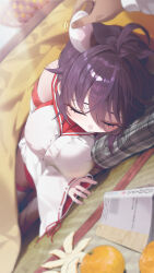 1boy 1girl absurdres ahoge animal_ears black_hair blue_archive blurry blush book breasts commentary_request depth_of_field detached_sleeves food fruit hair_between_eyes hair_intakes highres holding_ear kaede_(blue_archive) large_breasts oppai_loli orange_(fruit) raccoon_ears raccoon_girl red_sailor_collar sailor_collar shirt sleeping sushispin white_shirt white_sleeves wide_sleeves