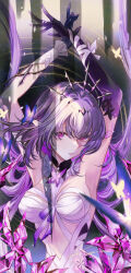 1girl absurdres armpits arms_up asymmetrical_gloves black_tiara breasts castorice_(honkai:_star_rail) commentary_request dress elbow_gloves fuyuumikou gloves highres honkai:_star_rail honkai_(series) large_breasts long_hair looking_at_viewer mismatched_gloves parted_lips pointy_ears purple_eyes purple_gloves purple_hair solo tiara white_dress