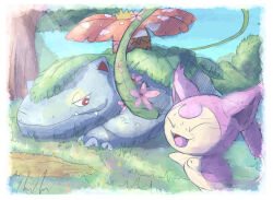 animal_focus bright_pupils closed_eyes commentary english_commentary fangs flower gen_1_pokemon gen_3_pokemon highres motion_blur nintendo no_humans nostrils one_eye_closed open_mouth outdoors pink_flower plant pokemon pokemon_(creature) pond red_eyes signature skitty tree venusaur venusaur-propaganda vines white_pupils