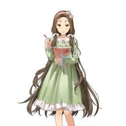 1girl bare_legs breasts brown_eyes brown_hair dress frilled_dress frills green_dress hairband head_bow holding holding_notebook holding_pencil ice_(ice_aptx) kushinada_(uchi_no_hime-sama) long_dress long_hair multicolored_eyes notebook pencil pink_hairband standing uchi_no_hime-sama_ga_ichiban_kawaii very_long_hair yellow_eyes