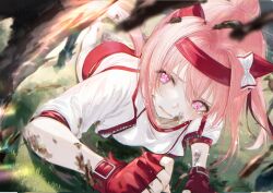Rule 34 | 1girl, absurdres, animal ears, blush, bow, buruma, commentary request, crying, crying with eyes open, dirty, ear bow, ear covers, fingerless gloves, gloves, haru urara (umamusume), headband, highres, horse ears, horse girl, horse tail, jacket, long hair, on ground, open clothes, open jacket, open mouth, pink hair, pink tail, purple eyes, red buruma, red gloves, red headband, renoahh, shirt, solo, tail, tearing up, tears, umamusume, white bow, white jacket, white shirt