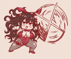 Rule 34 | 1girl, absurdres, animal ears, azur lane, black hair, blush, bow, bowtie, breasts, brown hair, chibi, cleavage, commission, covered navel, detached collar, fake animal ears, full body, hair between eyes, high heels, highres, huge breasts, large breasts, leotard, long hair, official alternate costume, open mouth, pantyhose, playboy bunny, rabbit ears, red eyes, red leotard, sassa (onion), shield, simple background, skeb commission, solo, strapless, strapless leotard, taihou (azur lane), taihou (fun on the baize) (azur lane), torn clothes, torn pantyhose, v-shaped eyebrows, very long hair, weapon