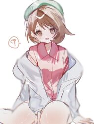 Rule 34 | 1girl, blush, brown eyes, brown hair, c0smi5, cardigan, dress, gloria (pokemon), green hat, grey cardigan, hat, long sleeves, looking at viewer, nintendo, open cardigan, open clothes, open mouth, pink dress, pokemon, pokemon swsh, shirt, short hair, simple background, tam o&#039; shanter, white background