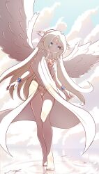1girl angel angel_wings bare_legs barefoot blonde_hair blue_eyes bracelet circlet closed_mouth cloud commentary day dress english_commentary falling_feathers feathered_wings feathers flat_chest forehead_jewel gem head_tilt highres ilias jewelry light_blush long_hair looking_at_viewer mon-musu_quest! mon-musu_quest:_paradox necklace pointy_ears red_gemstone sent99 sky sleeveless solo walking walking_on_liquid white_dress wings