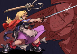 1girl apron black_boots blonde_hair boots buckle cape glint green_eyes highres holding holding_sword holding_weapon legs_apart long_hair original purple_skirt red_cape rightorisamraido3 sheath skirt standing sword unsheathed weapon white_apron