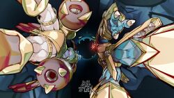 cannon cherubimon cherubimon_(vice) digimon digimon_(creature) digimon_adventure_02 digimon_adventure_02:_digimon_hurricane_jouriku!!_chouzetsu_shinka!!_ougon_no_digimental flying highres horns magnamon muscular muscular_male open_mouth rapidmon_(armor)