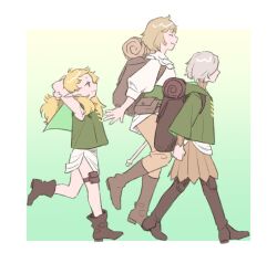 1boy 2girls arms_behind_head backpack bag blonde_hair boots border cape chinese_text closed_eyes dungeon_meshi elf falin_touden falin_touden_(tallman) fleki green_background grey_hair long_hair long_sleeves mithrun multiple_girls notched_ear pants pointy_ears profile rinsy_fanart shirt short_hair simple_background sleeveless smile tunic walking white_border