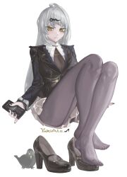 1girl absurdres blush cellphone feet highres long_hair looking_at_viewer pantyhose phone shoes smartphone steam toes unworn_shoes white_hair yellow_eyes yixuan_(zenless_zone_zero) yukiale zenless_zone_zero
