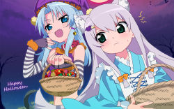 &gt;:d 2girls 3: 3:&lt; :d animal_ears basket bell blue_eyes blue_hair blush candy cat_ears cat_tail collar envy fang fingerless_gloves food gloves green_eyes halloween happy_halloween jingle_bell long_hair multiple_girls open_mouth original slit_pupils smile striped tail tonbi v-shaped_eyebrows yuki_(tonbi)