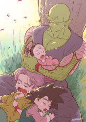 1girl 3boys baby black_hair child closed_eyes colored_skin dragon_ball dragon_ball_super dragonball_z green_skin holding_baby lying maddy multiple_boys open_mouth pan_(dragon_ball) pectoral_cleavage pectorals piccolo pointy_ears purple_hair sitting sleeping son_goten tree trunks_(dragon_ball)