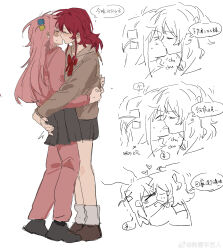 Rule 34 | 2girls, absurdres, arms around waist, black shoes, black skirt, blush, bocchi the rock!, bow, bowtie, brown shirt, brown shoes, chinese commentary, chinese text, closed eyes, commentary request, cube hair ornament, gotoh hitori, hair ornament, hand on another&#039;s waist, highres, hug, jacket, kiss, kita ikuyo, lingyi, long hair, long sleeves, multiple girls, pants, pink hair, pink jacket, pink pants, pleated skirt, red bow, red bowtie, red hair, school uniform, shirt, shoes, shuka high school uniform, skirt, speech bubble, thought bubble, translation request, yuri