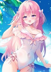 1girl bare_shoulders beach blush bow breasts cameltoe choker cleavage covered_navel frills hair_bow hair_ornament hair_ribbon highres long_hair looking_at_viewer medium_breasts nanohana_kohina navel one-piece_swimsuit open_mouth original outdoors palm_leaf palm_tree pink_hair pink_one-piece_swimsuit pink_ribbon purple_eyes ribbon smile solo swimsuit tree very_long_hair water white_choker