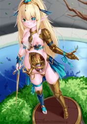 Rule 34 | amputee, armor, artificial eye, artificial limb, artificial vagina, blonde hair, body modification, breasts, bug, butterfly, collar, cyborg, elf, green eyes, hairband, highres, insect, joints, long hair, mechanical arms, medium breasts, mind control, nude, pedestal, pointy ears, pregnant, robot girl, robot joints, sex toy, steampunk, sword, weapon, winding key, yakou (4507770)