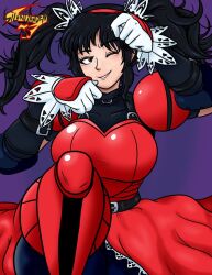 1girl armor armored_dress arms_up artist_name black_hair blush boots brown_eyes detached_sleeves dress female_focus fighting_vipers frilled_dress frilled_skirt frills gloves headband honey_(fighting_vipers) knee_boots logo one_eye_closed red_dress sega shoulder_armor silenttandem simple_background skirt smile solo solo_focus twintails wink