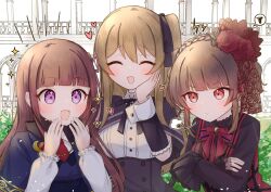 3girls :d ^_^ actor_connection ann_(tsukiyo_joou_ni_warae) arch assault_lily bad_end_mokuzen_no_heroine_ni_tensei_shita_watashi_konse_de_wa_renai_suru_tsumori_ga_cheat_na_ani_ga_hanashite_kuremasen!? black_capelet black_ribbon black_shirt black_skirt blue_capelet blunt_bangs blush bow bowtie braid breasts brown_hair bush buttons capelet closed_eyes closed_mouth column commentary_request commission crossed_arms crossover crown_braid detached_sleeves dress flower frilled_shirt_collar frilled_sleeves frills frown hair_flower hair_ornament hair_ribbon hand_on_own_cheek hand_on_own_face hand_to_own_mouth hand_up hands_up heart high-waist_skirt highres hoshimori_sana kuo_shenlin light_particles long_hair long_sleeves looking_at_another medium_breasts medium_hair multiple_girls necktie notice_lines one_side_up open_mouth outdoors pillar pinafore_dress puff_of_air purple_eyes raised_eyebrows red_bow red_bowtie red_dress red_eyes red_flower red_necktie red_rose rene_wainwright ribbon rose school_uniform shirt short_sleeves side-by-side sidelocks skeb_commission skirt sleeveless sleeveless_dress sleeves_past_fingers sleeves_past_wrists smile sparkle sparkling_eyes speech_bubble spoken_squiggle squiggle tsukiyo_joou_ni_warae upper_body v-shaped_eyebrows white_background white_shirt yubari_lemon_(lemonlilie) yurigaoka_girls_academy_school_uniform