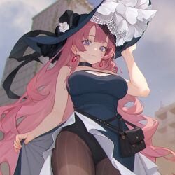 belt_bag blue_dress blue_hat bow breasts choker closed_mouth double-parted_bangs dress earrings flower hand_on_headwear hat hat_bow highres jaejae jewelry long_hair looking_at_viewer original pantyhose pink_hair skirt_hold strapless strapless_dress striped_clothes striped_pantyhose thigh_strap vertical-striped_clothes vertical-striped_pantyhose very_long_hair