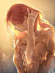 10_1000ri 1girl artist_name brown_dress bug butterfly closed_mouth commentary dress elden_ring english_commentary hand_in_own_hair highres insect lips long_hair malenia_blade_of_miquella no_eyes off_shoulder pink_lips profile red_hair scar scar_on_arm scar_on_face solo twitter_username