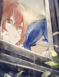 2boys aged_down blue_eyes blue_hair dark-skinned_male dark_skin diluc_(genshin_impact) double-parted_bangs eyelashes eyepatch genshin_impact hair_between_eyes kaeya_(genshin_impact) leaf looking_outside looking_to_the_side male_focus multiple_boys one_eye_covered open_mouth parted_bangs plant rain red_eyes runpa_run window