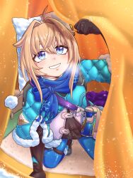 1girl blonde_hair blue_eyes blue_scarf hat highres honkai:_star_rail honkai_(series) light_blush lynx_landau scarf smile snow snowing solo solo_focus spriggantweet tent