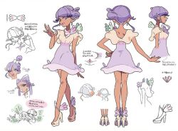 1girl alternate_hairstyle closed_mouth concept_art dark-skinned_female dark_skin dress earrings eyelashes jewelry lipstick long_hair looking_at_viewer makeup nintendo official_art pokemon pokemon_sv purple_hair reference_sheet smile solo thick_eyelashes tulip_(pokemon)