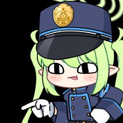 ! 1girl :d acomu414 animated animated_gif blue_archive blush_stickers buttons chibi clenched_hand commentary double-breasted english_commentary fang genba_neko_(meme) gloves green_hair green_halo halo hat long_sleeves lowres meme nozomi_(blue_archive) open_mouth peaked_cap pointing pointing_to_the_side pointy_ears skin_fang smile train_conductor transparent_background upper_body white_gloves yellow_eyes