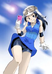 Rule 34 | 1girl, asahi (shin megami tensei iv final), black shorts, blue dress, blue eyes, blue hair, blue sky, blush, cellphone, commentary request, dress, earrings, gloves, goggles, goggles on headwear, hat, holding, holding phone, jewelry, lens flare, long hair, onnaski, phone, shin megami tensei, shin megami tensei iv final, shorts, sky, sleeveless, sleeveless dress, smartphone, smile, solo, standing, white gloves, white hat, zipper dress