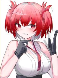 1girl absurdres afterimage arknights bare_shoulders black_choker black_gloves blush breasts bright_pupils choker clenched_teeth collared_shirt fanning_self fiammetta_(arknights) flying_sweatdrops gloves hands_up highres hot large_breasts motion_lines open_collar red_eyes red_hair shirt short_hair simple_background sleeveless sleeveless_shirt solo spam_(spamham4506) speed_lines sweat teeth turning_head upper_body white_background white_pupils white_shirt