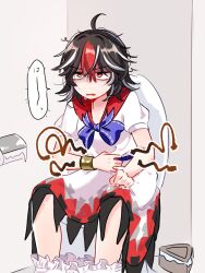 1girl ahoge black_hair bloomers blue_bow bow dress hand_on_own_stomach highres kijin_seija multicolored_hair on_toilet red_eyes red_hair shiya_re27 short_hair short_sleeves sitting solo streaked_hair sweat toilet_paper touhou trash_can underwear