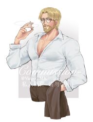 Rule 34 | 1boy, absurdres, beard, blonde hair, broad shoulders, brown pants, buttons, cigarette, cropped legs, dress shirt, facial hair, glasses, highres, holding, holding cigarette, holding unworn jacket, large pectorals, looking at viewer, male focus, pants, partially unbuttoned, pectorals, round eyewear, shingeki no kyojin, shirt, short hair, smile, solo, vamos mk, white shirt, zeke yeager