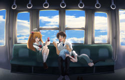 1boy 2girls ayanami_rei black_legwear black_pants blue_eyes blue_hair blue_skirt blush bow cellphone closed_eyes cloud crossed_legs earphones embarrassed eyes_visible_through_hair flying_sweatdrops fujitaka_nasu hair_between_eyes hands_up holding holding_phone ikari_shinji interface_headset_(evangelion) lap_pillow legs_up long_hair looking_at_another lying multiple_girls neon_genesis_evangelion nerv on_side open_mouth orange_hair pants phone rebuild_of_evangelion red_bow school_uniform seat shirt shoes short_hair sitting skirt sky sleeping sleeping_on_person smartphone smug socks souryuu_asuka_langley suspender_skirt suspenders train_interior two_side_up white_legwear white_shirt window
