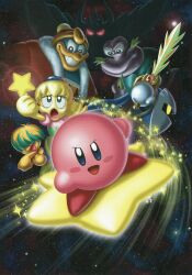 Rule 34 | :o, artist request, blonde hair, blue cape, blush, blush stickers, bun (kirby), cape, escargon, eyelashes, fumu (kirby), galaxia (sword), green hair, grin, hair over eyes, hat, highres, holding, holding sword, holding weapon, king dedede, kirby, kirby: right back at ya!, kirby (series), mask, meta knight, multicolored hair, nightmare (kirby), nintendo, official art, open clothes, open mouth, open robe, red hat, red robe, robe, scan, short hair, smile, space, sparkle, star (sky), sword, teeth, third-party source, two-tone hair, warp star, weapon