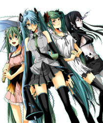 Rule 34 | 10s, 4girls, bikini, bikini top only, black hair, black rock shooter, black rock shooter (character), black thighhighs, blue eyes, blue hair, creator connection, dress, green eyes, green hair, hair ornament, hair over one eye, hatsune miku, highres, koi wa sensou (vocaloid), megaphone, melt (vocaloid), multiple girls, necktie, open mouth, shorts, skirt, songover, swimsuit, tanba anko, tattoo, thighhighs, umbrella, vocaloid, world is mine (vocaloid)