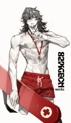 Rule 34 | 1boy, beard, cowboy shot, cropped legs, facial hair, goatee, hand up, highres, holding, lifeguard, long hair, male focus, male swimwear, navel, original, parted lips, pigeon666, red male swimwear, simple background, solo, surfboard, swim trunks, toned, toned male, topless male, whistle, whistle around neck, white background