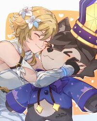 Rule 34 | 1girl, bare shoulders, blonde hair, blush, breasts, dress, flower, genshin impact, hair between eyes, hair flower, hair ornament, highres, long hair, looking at viewer, lumine (genshin impact), medium breasts, multiple girls, open mouth, short hair, short hair with long locks, sidelocks, smile, soc nau, white dress, white flower, wolfy (genshin impact)