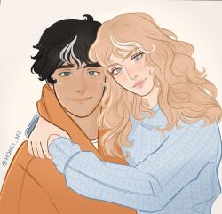 1boy 1girl affectionate arms_around_neck black_hair blonde_hair blue_eyes comforting commission copyright_request couple curly_hair freckles hetero hood hoodie hug leaning_on_person multicolored_hair neia_(honei.studio) pastel_colors simple_background smile sweater two-tone_hair wavy_hair white_streaks