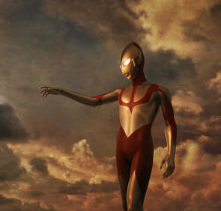 1boy absurdres alien cloud cloudy_sky commentary_request feet_out_of_frame highres katou_yuu lipiah_(ultra_series) looking_ahead male_focus no_humans outstretched_arm shin_ultraman sky solo standing sunset tokusatsu tsuburaya_productions ultra_series ultraman ultraman_(shin) white_eyes