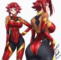 1girl artist_name ass blue_eyes breasts code_geass dated hand_on_own_hip highres kouzuki_kallen large_breasts medium_hair parted_bangs pilot red_hair simple_background white_background yoo_tenchi