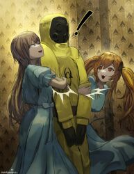 ! 1other 2girls absurdres backrooms_(creepypasta) biohazard_symbol girls&#039;_frontline girls&#039;_frontline_2:_exilium hallway hazmat_suit highres hug lenna_(girls&#039;_frontline_2) leva_(girls&#039;_frontline_2) multiple_girls pinkturnip232 surprised the_shining ump45_(girls&#039;_frontline) ump9_(girls&#039;_frontline) wallpaper_(object)