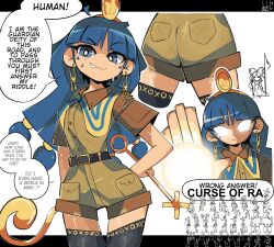 2girls ass belt biden_blast_(meme) black_thighhighs blue_eyes blue_hair brown_belt brown_shirt brown_shorts closed_mouth collared_shirt dushiido earrings egypt facial_tattoo gold_buckle gold_earrings gold_hairband gold_headwear hairband hakurei_reimu highres holding holding_polearm holding_weapon jewelry key key_earrings long_hair meme michigami_nareko multiple_girls polearm scepter shirt short_sleeves shorts smile tattoo thighhighs touhou weapon