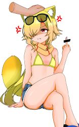 1boy 1other absurdres anger_vein angry animal_ear_fluff animal_ears bar_censor bare_legs bikini bikini_under_clothes blonde_hair blue_sandals bra censored check_commentary commentary_request crossdressing crossdressing_(mtf) crossed_legs curvy denim denim_shorts dot_nose eyewear_on_head feet_out_of_frame gluteal_fold headpat highres long_hair male_focus middle_finger nail_polish orange_scarf original pink_nails plump raccoon_boy red_eyes sandals scarf short_shorts shorts simple_background sitting swimsuit tanuki trap underwear very_long_hair virtual_youtuber white_background yellow_bikini yellow_bra yellow_tail zasu_udon
